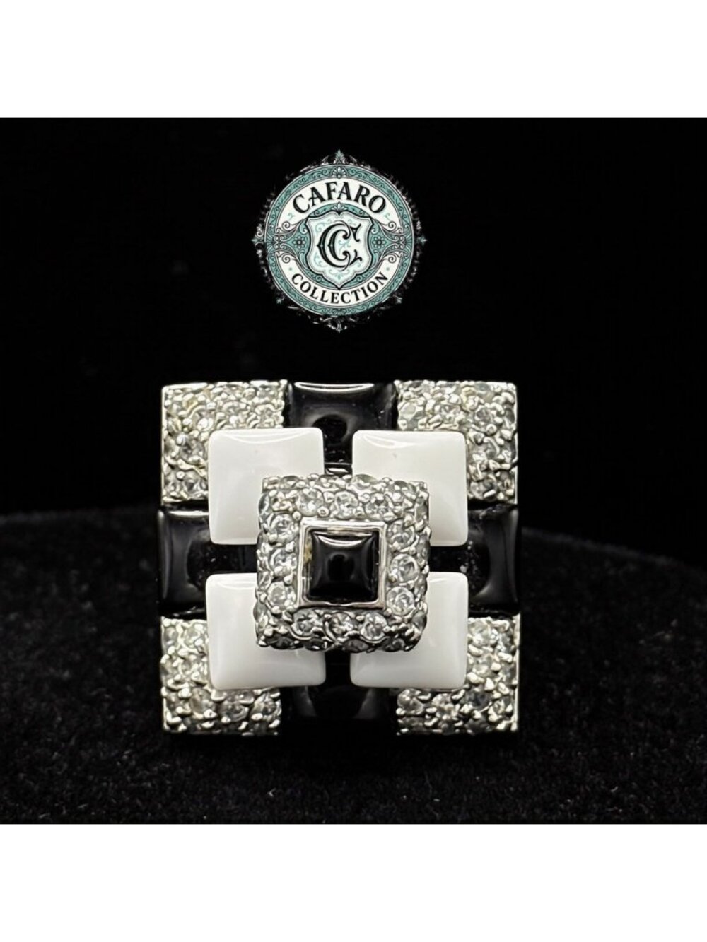Art Deco Sterling Silver Black & White Enamel Geometric Statement Ring Size 8